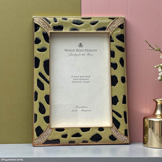 Vintage Wendy Reed Designs Picture Frame | 22K Gold Finish Leopard Enamel Frame with Swarovski Crystals | Luxury Decorative Photo Frame
