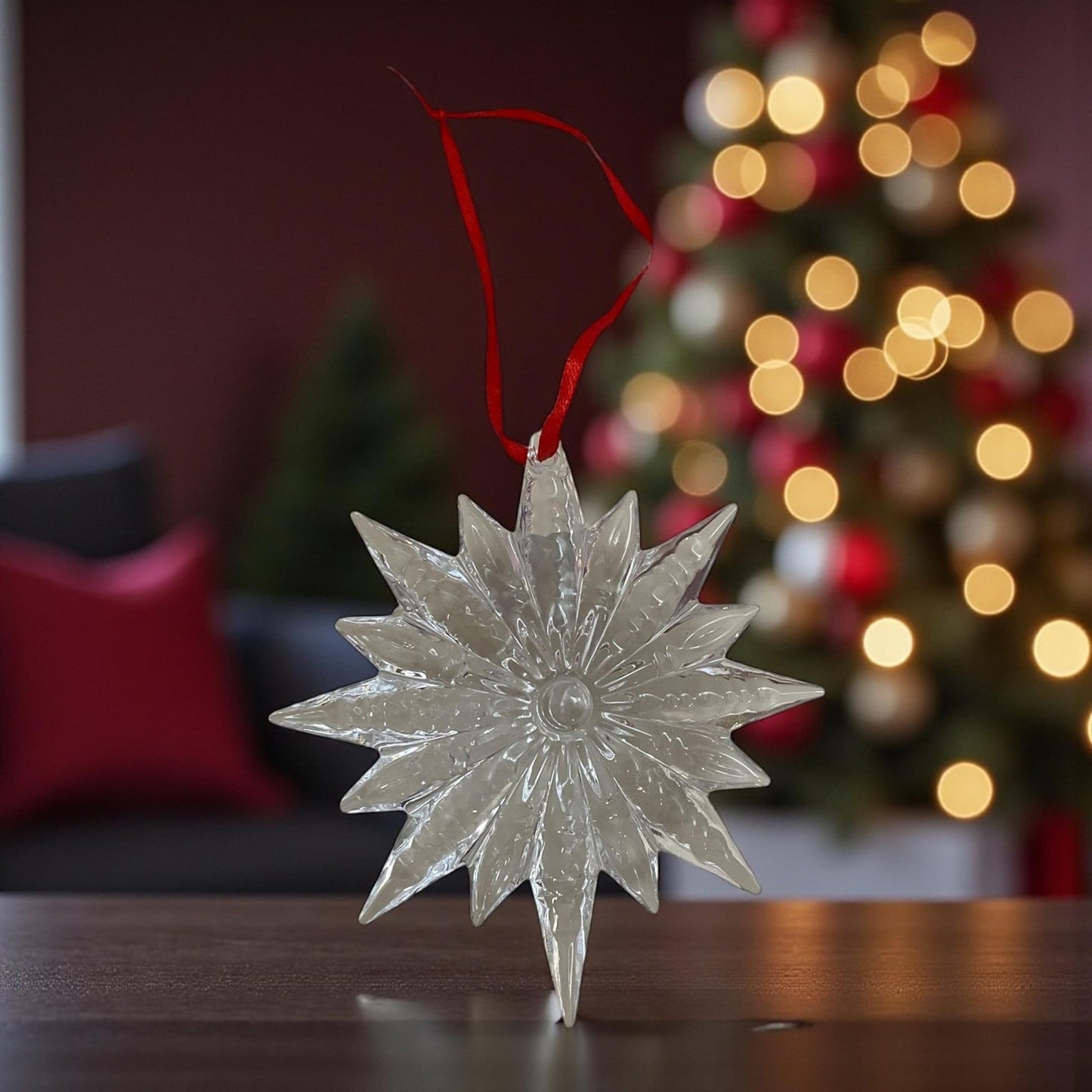 Waterford Crystal Snowstar Starburst Christmas Tree Ornament – Clear Cut Crystal Snowflake with Red Ribbon – Waterford Christmas Decor