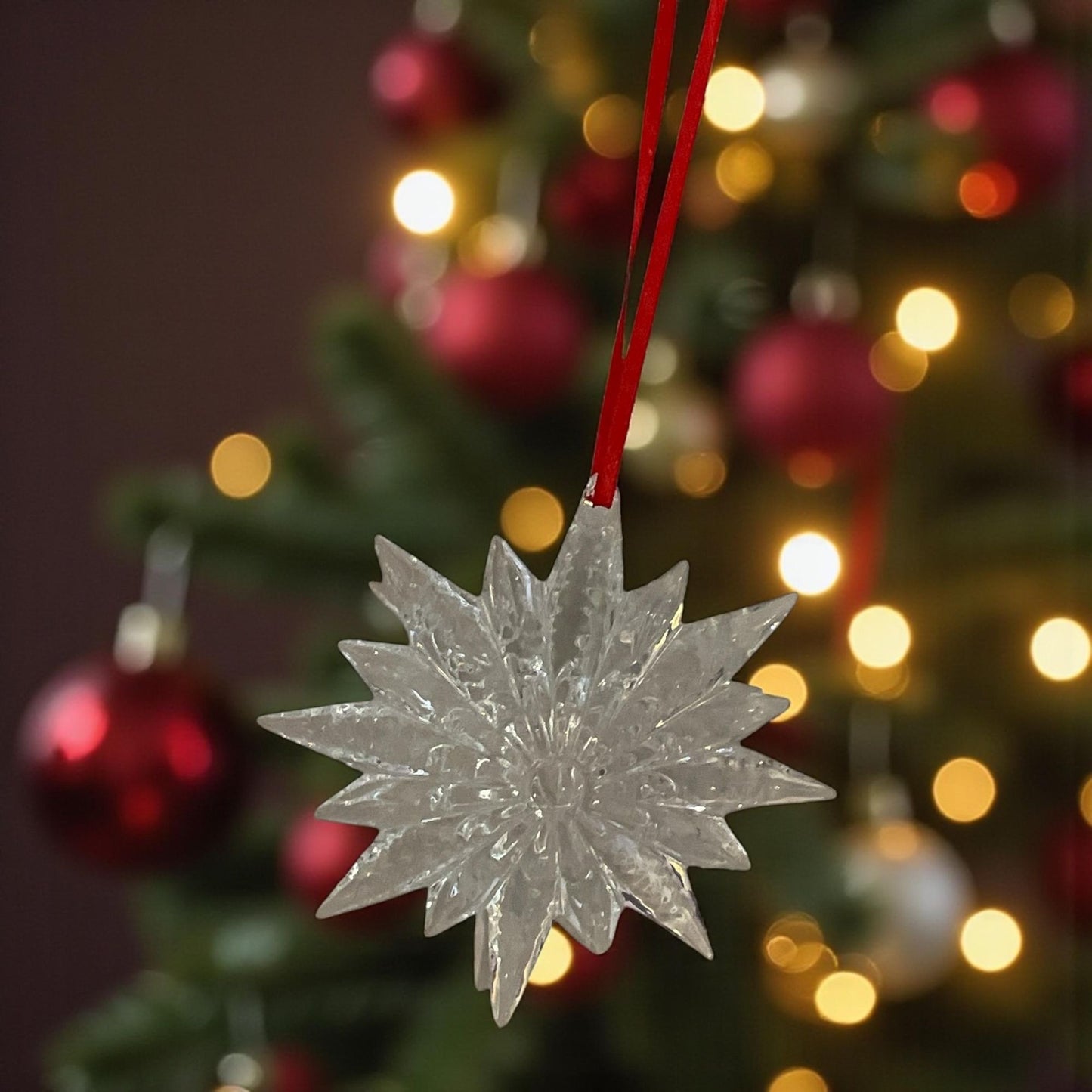 Waterford Crystal Snowstar Starburst Christmas Tree Ornament – Clear Cut Crystal Snowflake with Red Ribbon – Waterford Christmas Decor