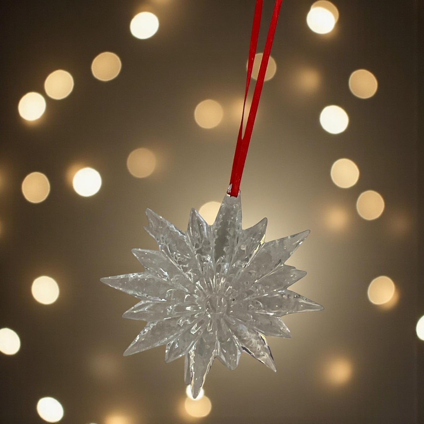 Waterford Crystal Snowstar Starburst Christmas Tree Ornament – Clear Cut Crystal Snowflake with Red Ribbon – Waterford Christmas Decor