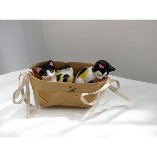 Vintage Cat Kitten Figurines in Basket ornament | Ceramic Calico Cats Collectible | Gift for Cat Lovers - porcelain or bone china cats?