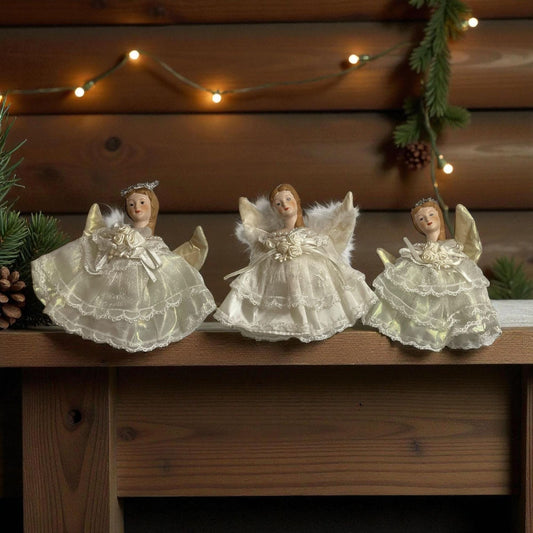 Vintage Porcelain Angel Figurines (hang as ornaments or used as a shelf sitter) – Lace Dress Ivory Angels with Gold Wings Christmas Decor