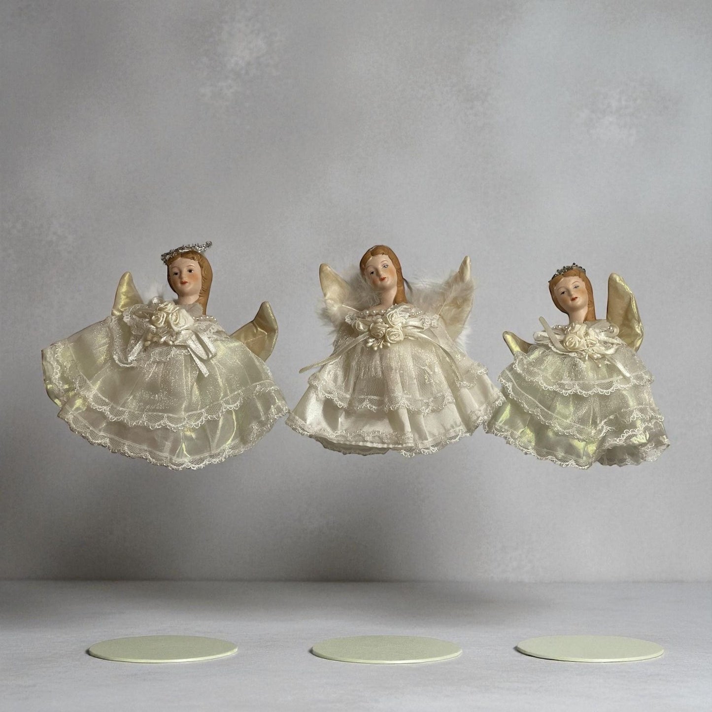 Vintage Porcelain Angel Figurines (hang as ornaments or used as a shelf sitter) – Lace Dress Ivory Angels with Gold Wings Christmas Decor