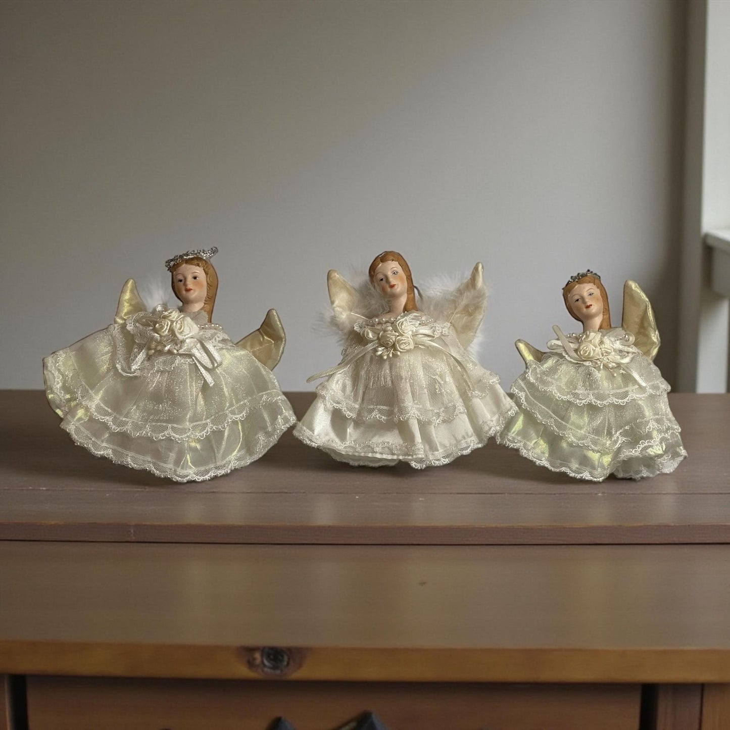 Vintage Porcelain Angel Figurines (hang as ornaments or used as a shelf sitter) – Lace Dress Ivory Angels with Gold Wings Christmas Decor