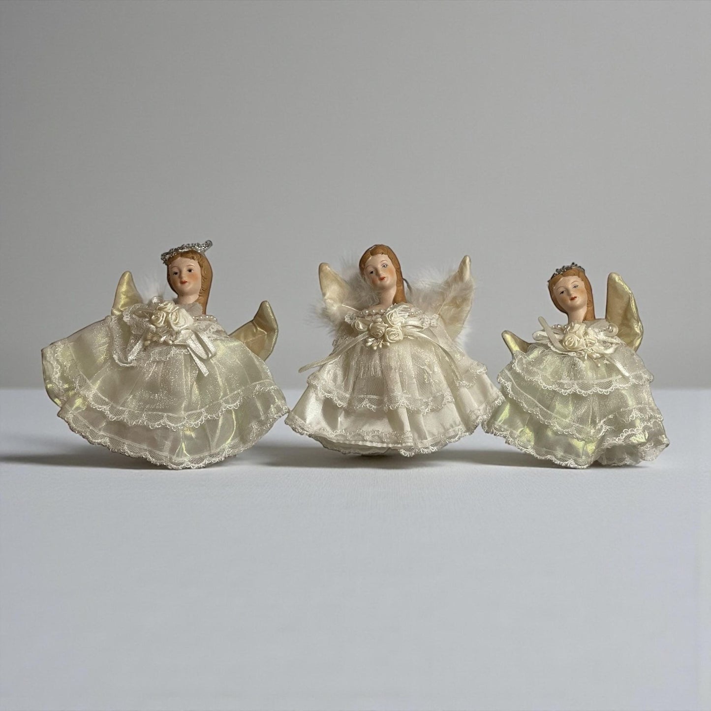 Vintage Porcelain Angel Figurines (hang as ornaments or used as a shelf sitter) – Lace Dress Ivory Angels with Gold Wings Christmas Decor
