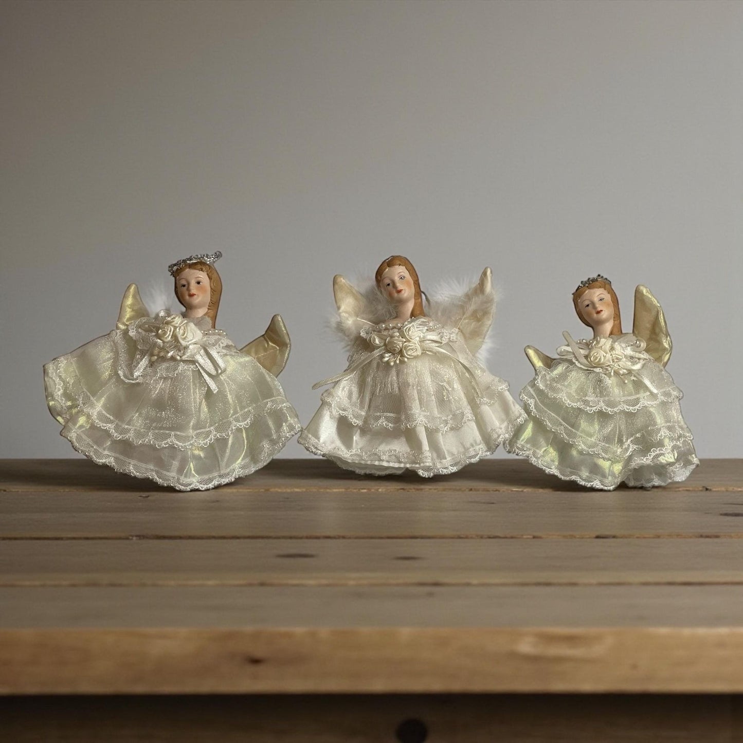 Vintage Porcelain Angel Figurines (hang as ornaments or used as a shelf sitter) – Lace Dress Ivory Angels with Gold Wings Christmas Decor