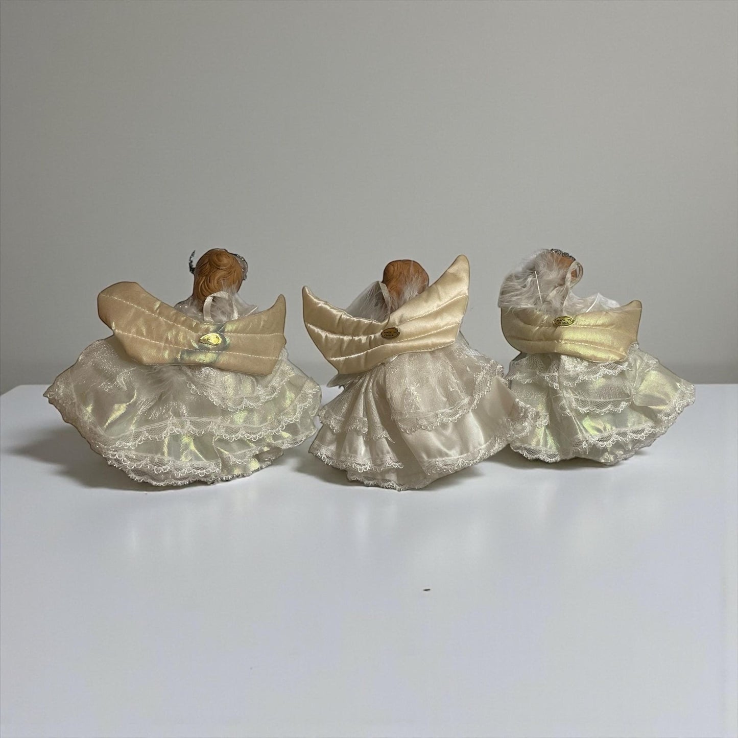 Vintage Porcelain Angel Figurines (hang as ornaments or used as a shelf sitter) – Lace Dress Ivory Angels with Gold Wings Christmas Decor