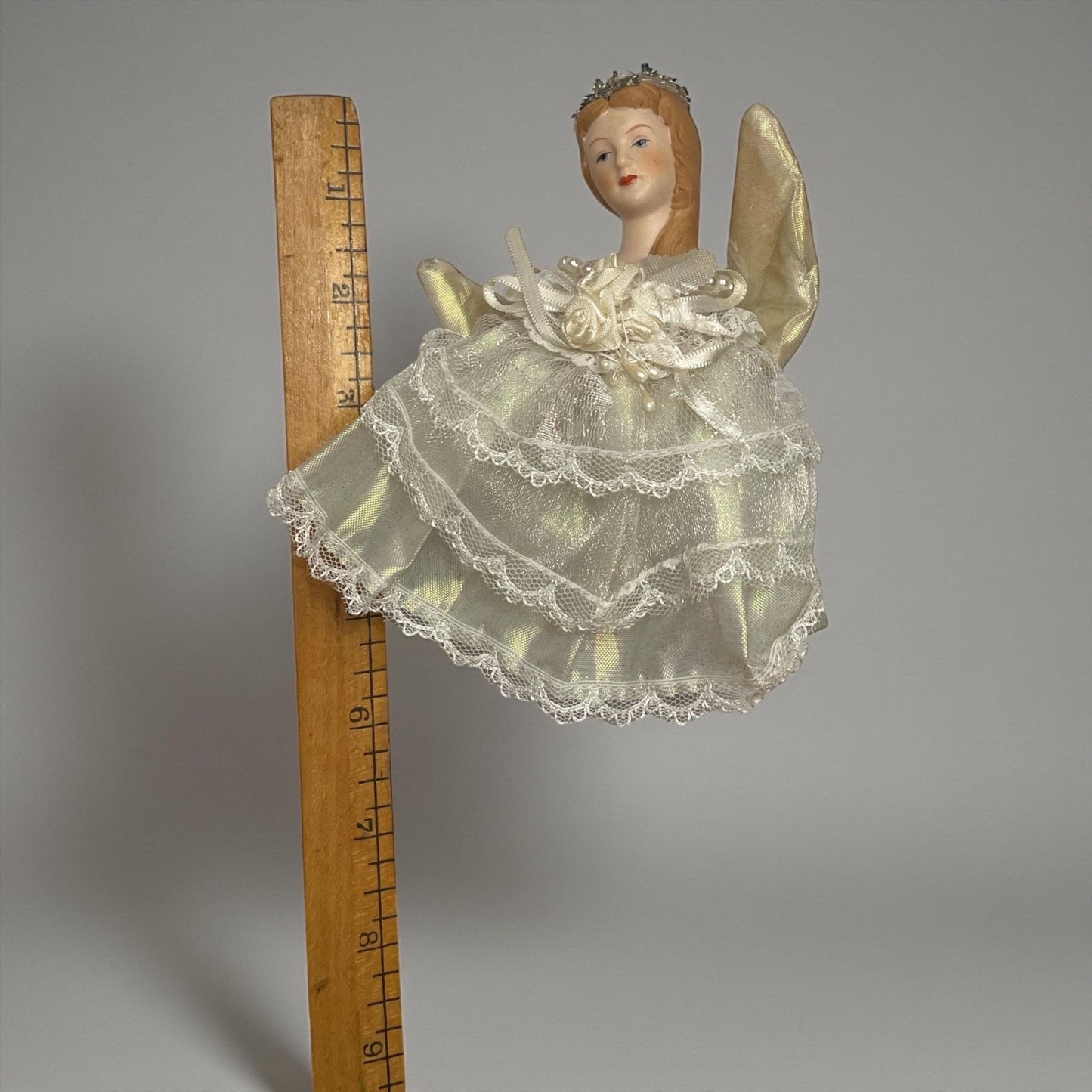 Vintage Porcelain Angel Figurines (hang as ornaments or used as a shelf sitter) – Lace Dress Ivory Angels with Gold Wings Christmas Decor
