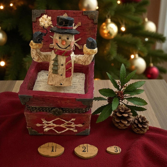 Hand-Painted Rustic Snowman in Red Treasure Chest – Vintage-Style Christmas Figurine Holiday Decor