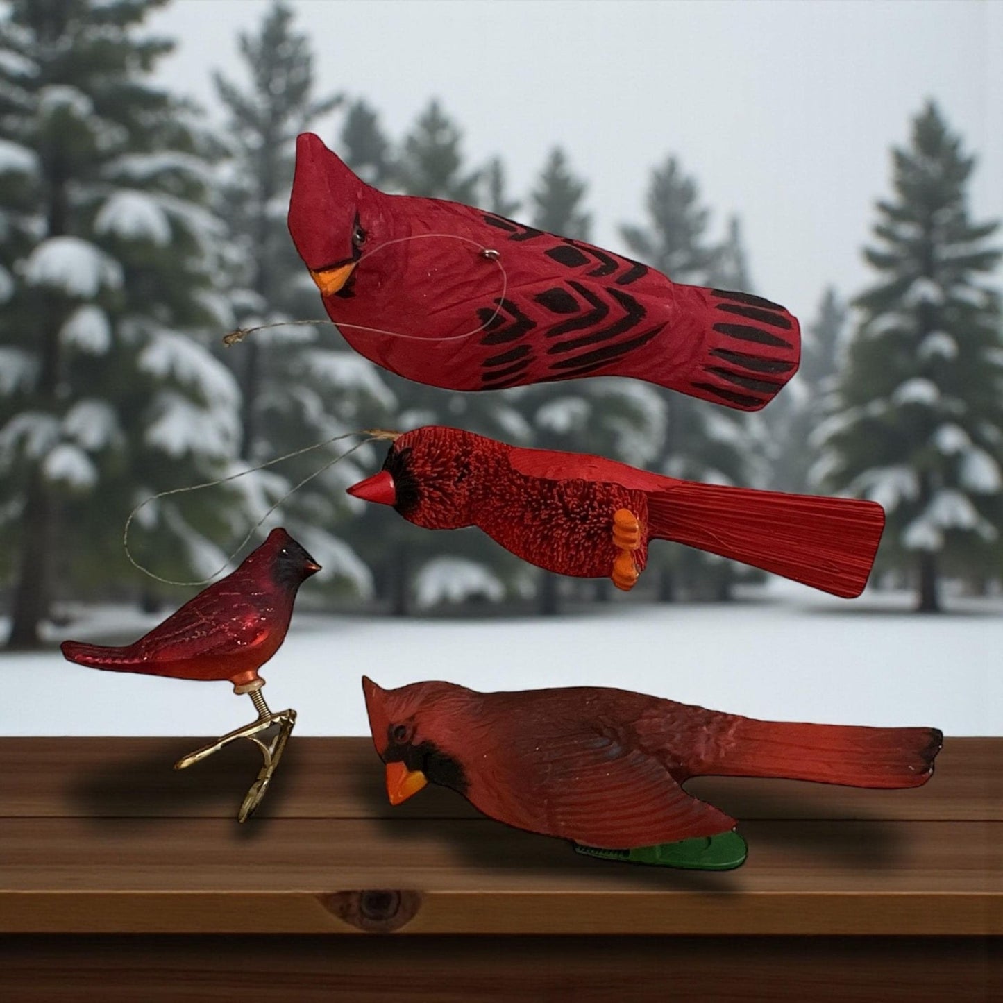 Lot of 4 red cardinal vintage Christmas ornaments