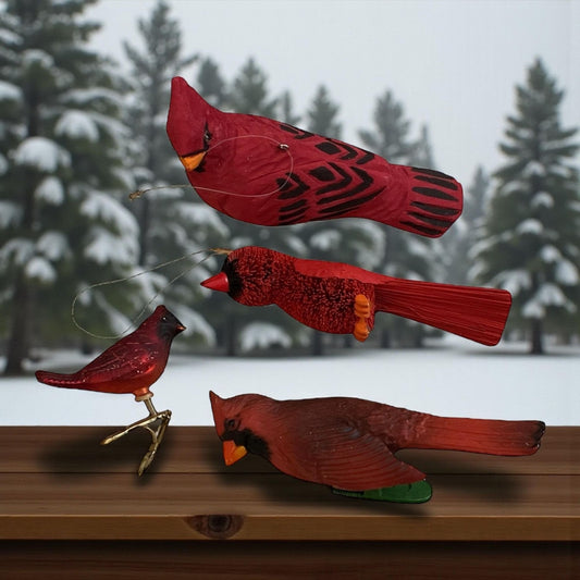 Lot of 4 red cardinal vintage Christmas ornaments