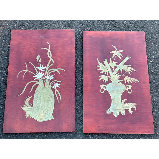 Pair of Vintage Asian silver/brass/mother of pearl Inlaid Wood Wall Hanging Plaques