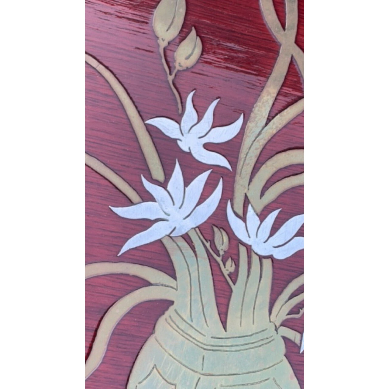 Pair of Vintage Asian silver/brass/mother of pearl Inlaid Wood Wall Hanging Plaques