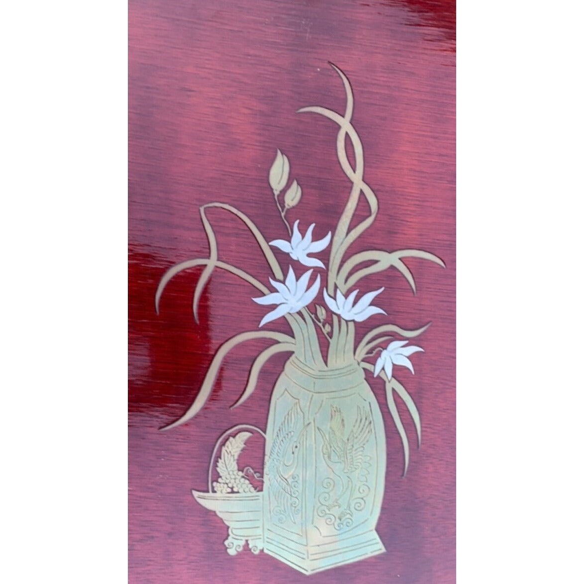 Pair of Vintage Asian silver/brass/mother of pearl Inlaid Wood Wall Hanging Plaques