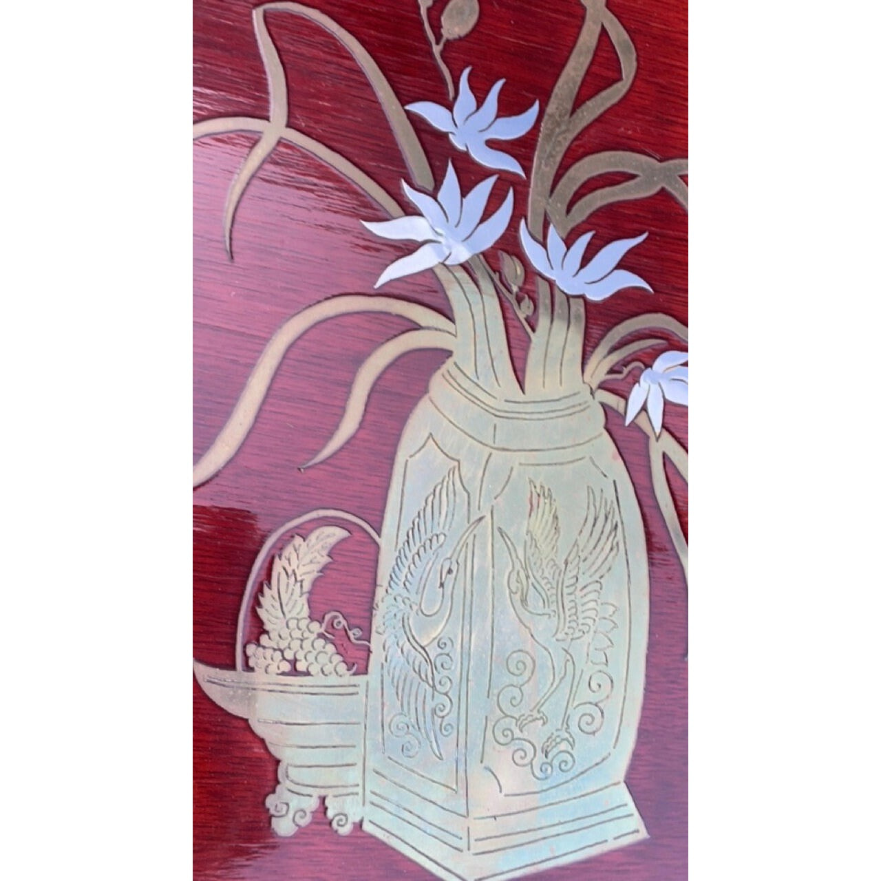 Pair of Vintage Asian silver/brass/mother of pearl Inlaid Wood Wall Hanging Plaques