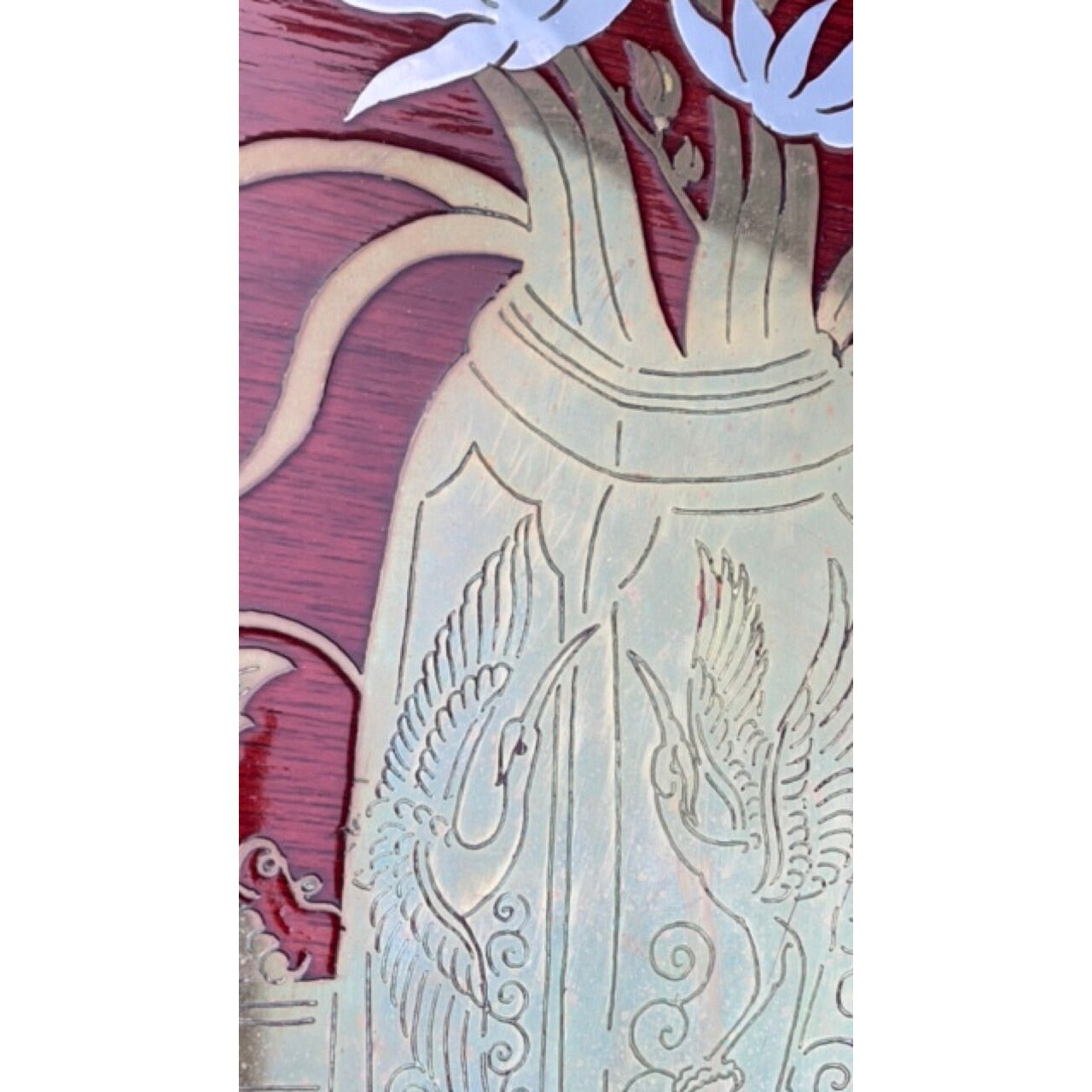 Pair of Vintage Asian silver/brass/mother of pearl Inlaid Wood Wall Hanging Plaques