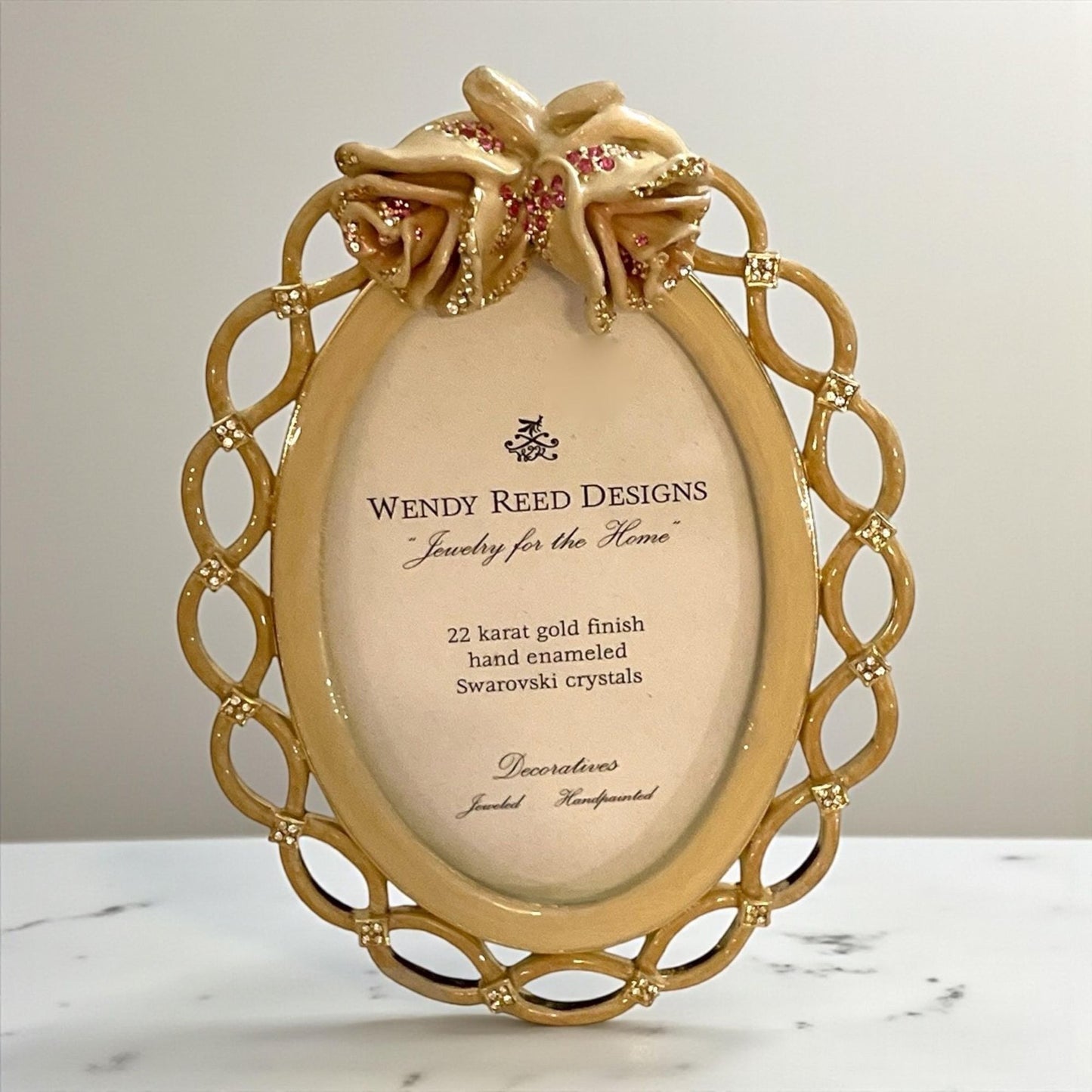 Wendy Reed Designs Gold Oval Frame – 22k Gold Finish, Hand-Enameled, Swarovski Crystal Accent Photo Frame - UNUSED, VERY RARE