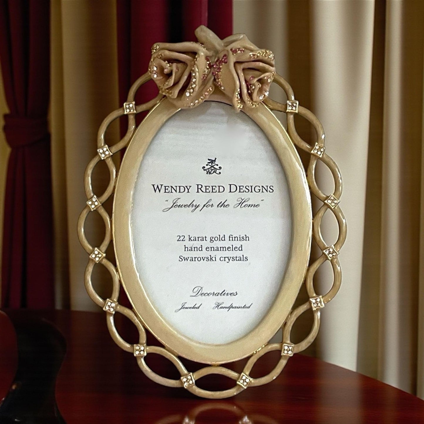 Wendy Reed Designs Gold Oval Frame – 22k Gold Finish, Hand-Enameled, Swarovski Crystal Accent Photo Frame - UNUSED, VERY RARE