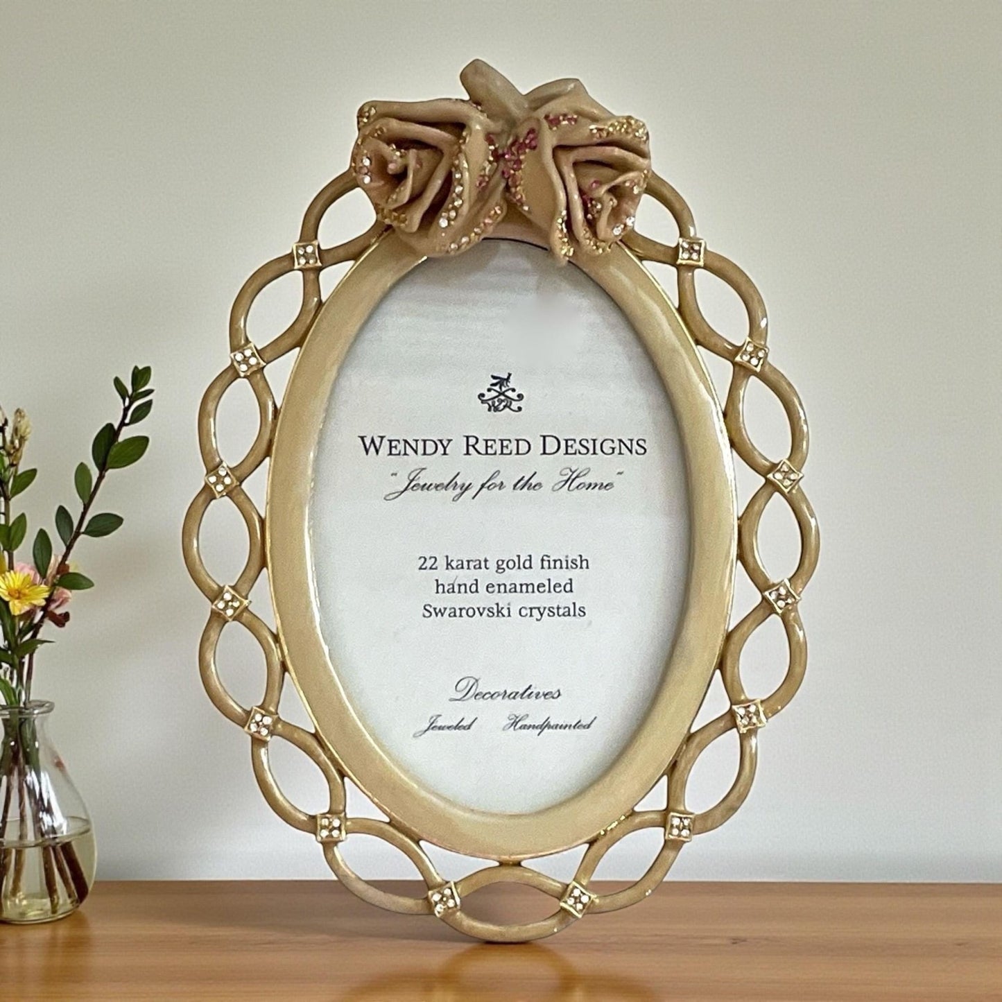 Wendy Reed Designs Gold Oval Frame – 22k Gold Finish, Hand-Enameled, Swarovski Crystal Accent Photo Frame - UNUSED, VERY RARE