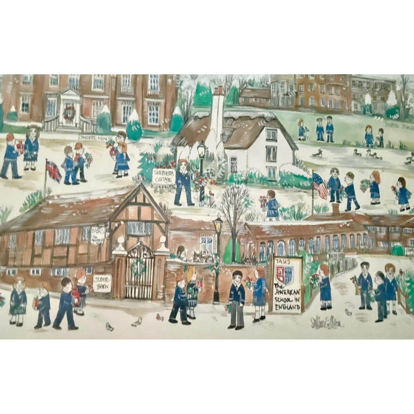 Folk Art Print – The American School in England (TASIS),  Vintage Winter School Illustration - British Wall Art, matted and framed