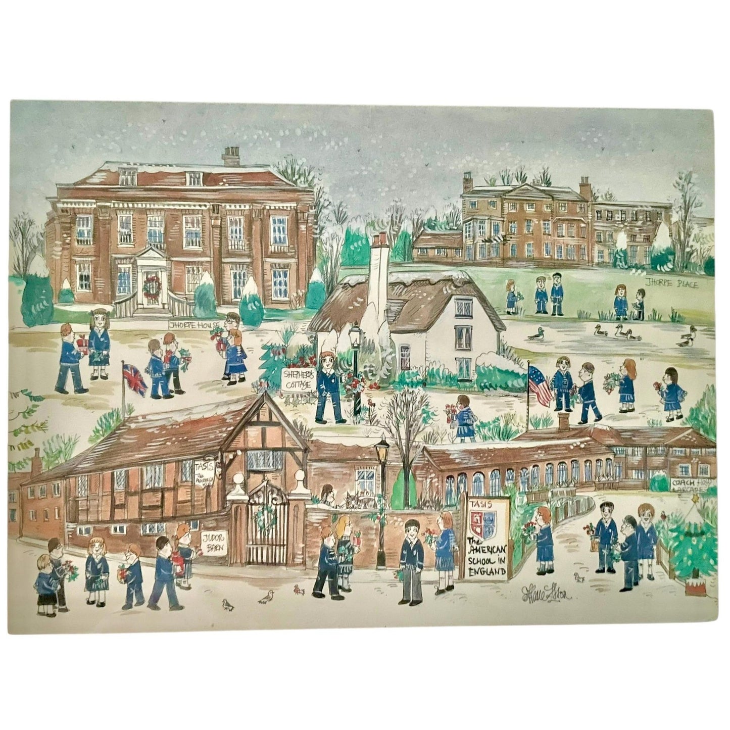 Folk Art Print – The American School in England (TASIS),  Vintage Winter School Illustration - British Wall Art, matted and framed