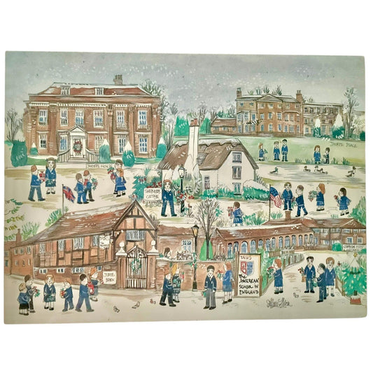 Folk Art Print – The American School in England (TASIS),  Vintage Winter School Illustration - British Wall Art, matted and framed