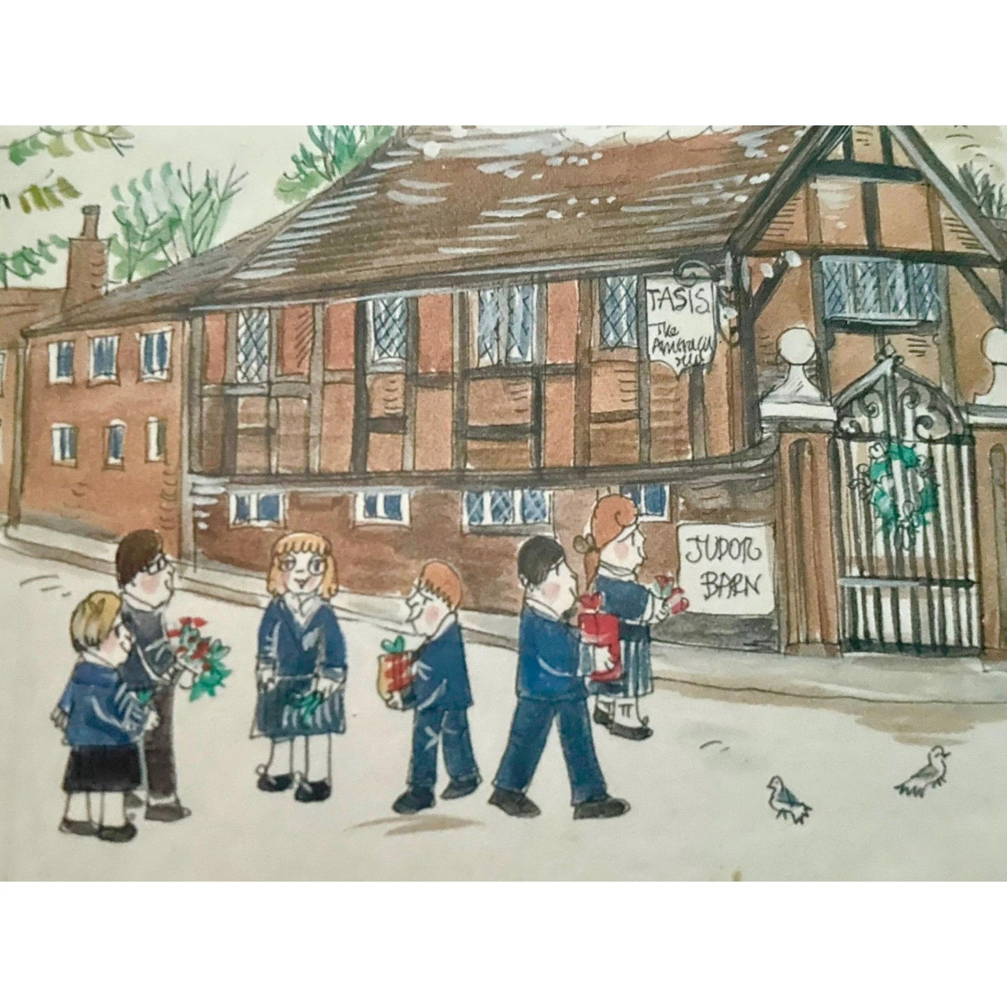 Folk Art Print – The American School in England (TASIS),  Vintage Winter School Illustration - British Wall Art, matted and framed