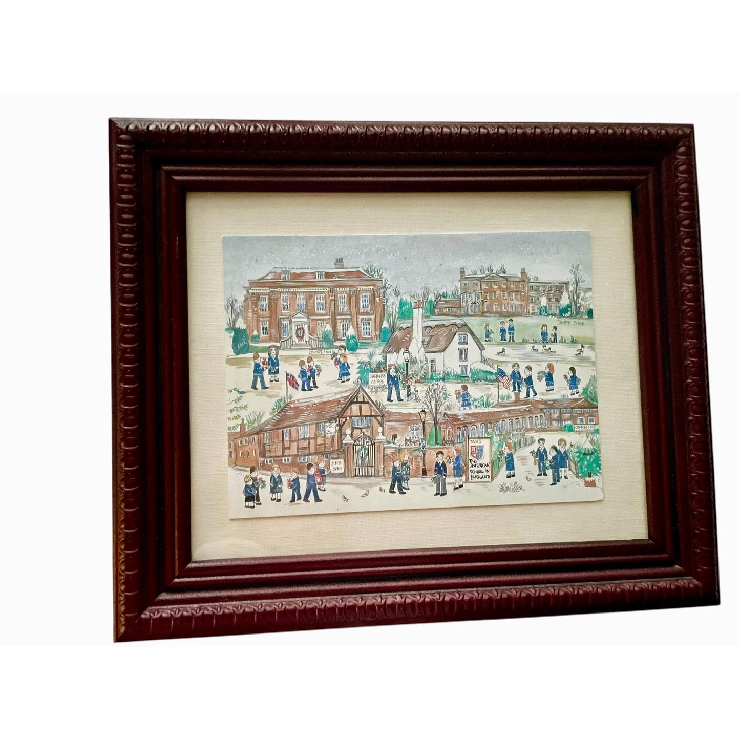 Folk Art Print – The American School in England (TASIS),  Vintage Winter School Illustration - British Wall Art, matted and framed