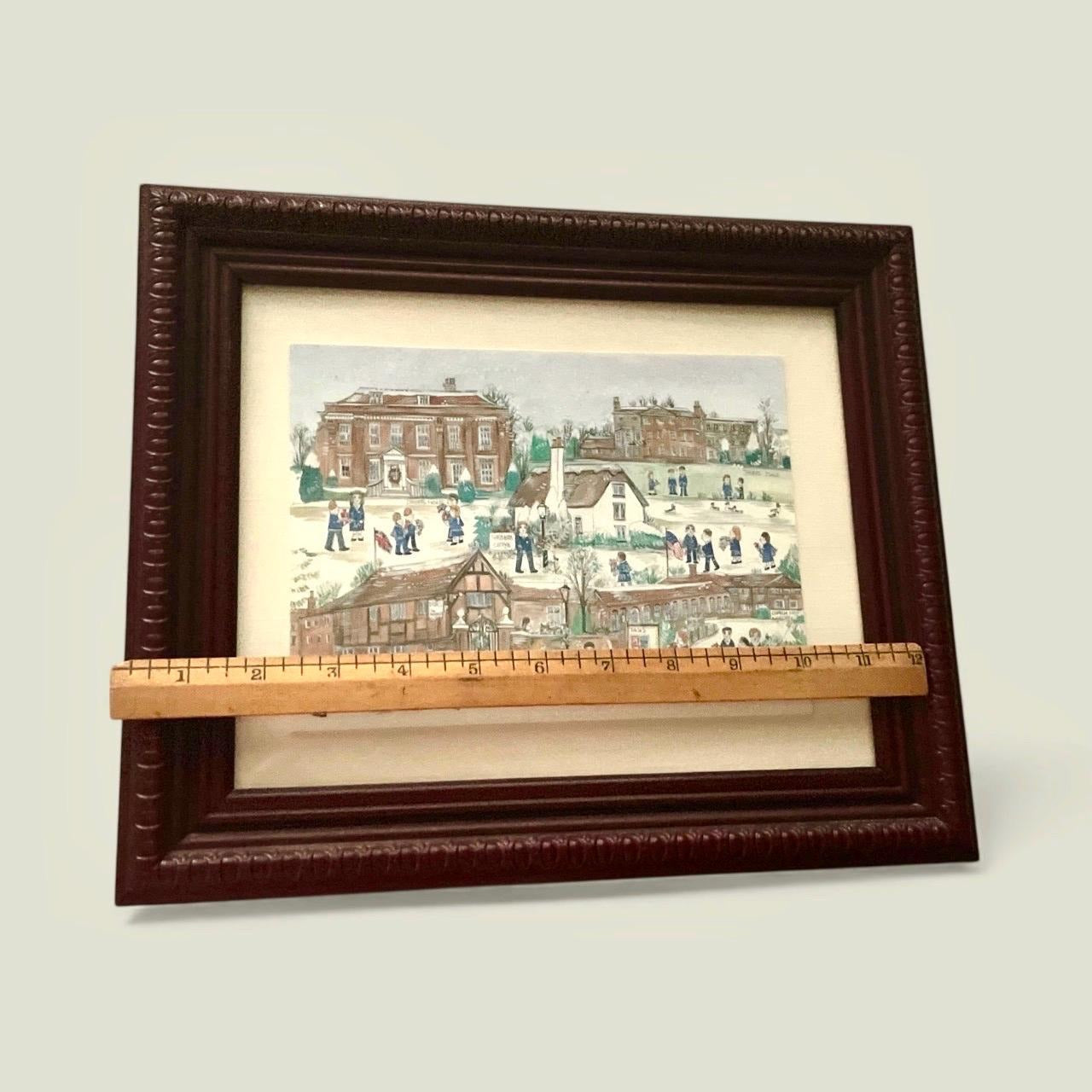 Folk Art Print – The American School in England (TASIS),  Vintage Winter School Illustration - British Wall Art, matted and framed