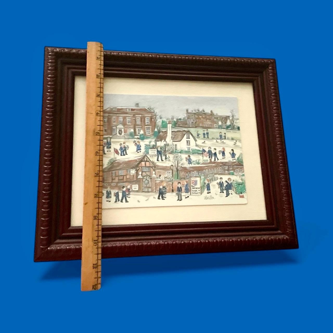 Folk Art Print – The American School in England (TASIS),  Vintage Winter School Illustration - British Wall Art, matted and framed