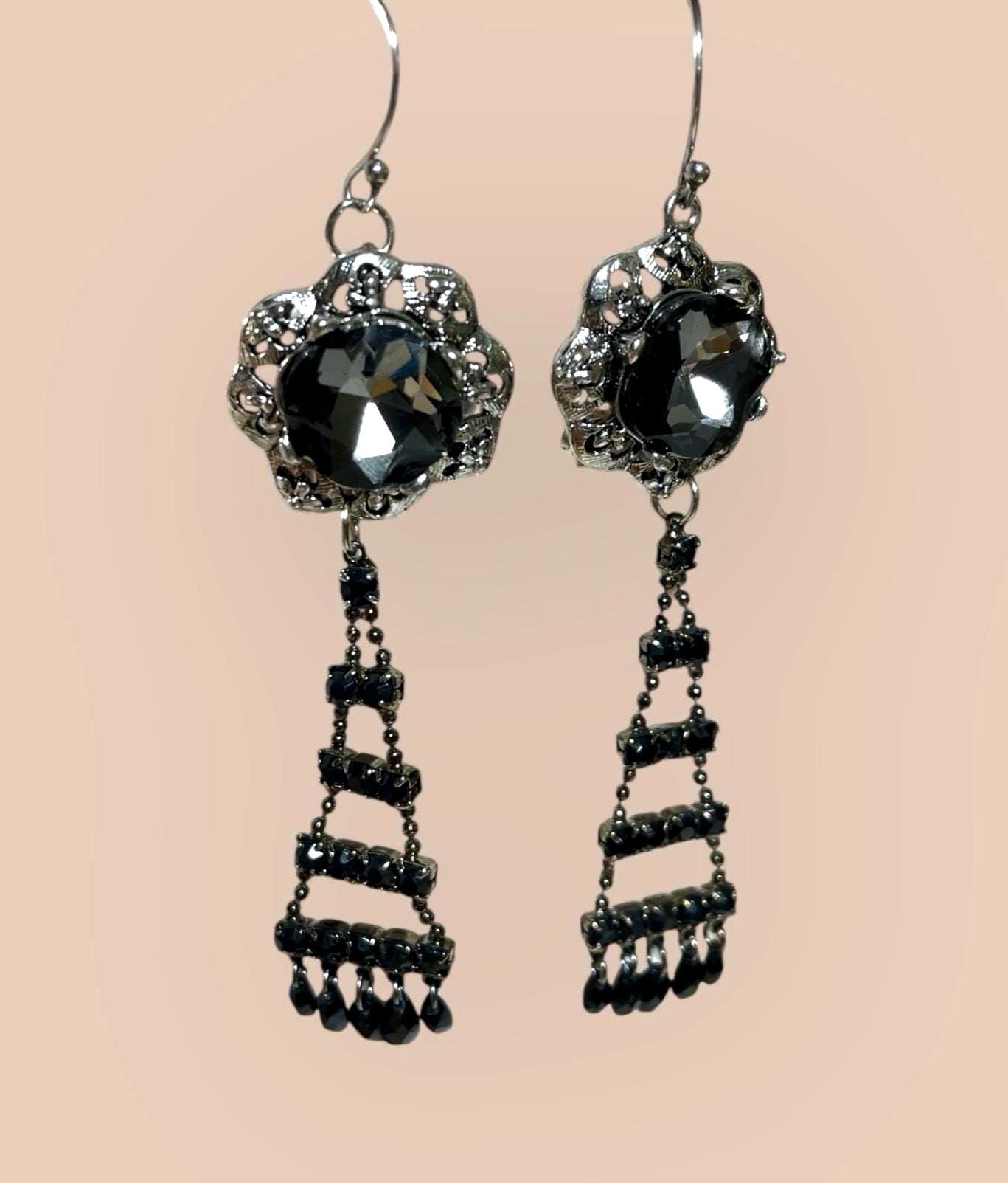 Handmade Earrings with Vintage & New Components – Black Crystal Filigree Dangles – Elegant Statement Jewelry