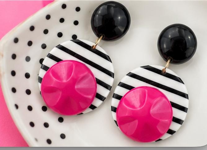 Vintage 1980s Black White Pink Statement Earrings | Bold Geometric Dangle Earrings | Memphis Style Retro Jewelry | Pierced Earrings