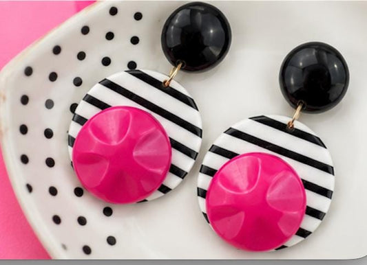 Vintage 1980s Black White Pink Statement Earrings | Bold Geometric Dangle Earrings | Memphis Style Retro Jewelry | Pierced Earrings