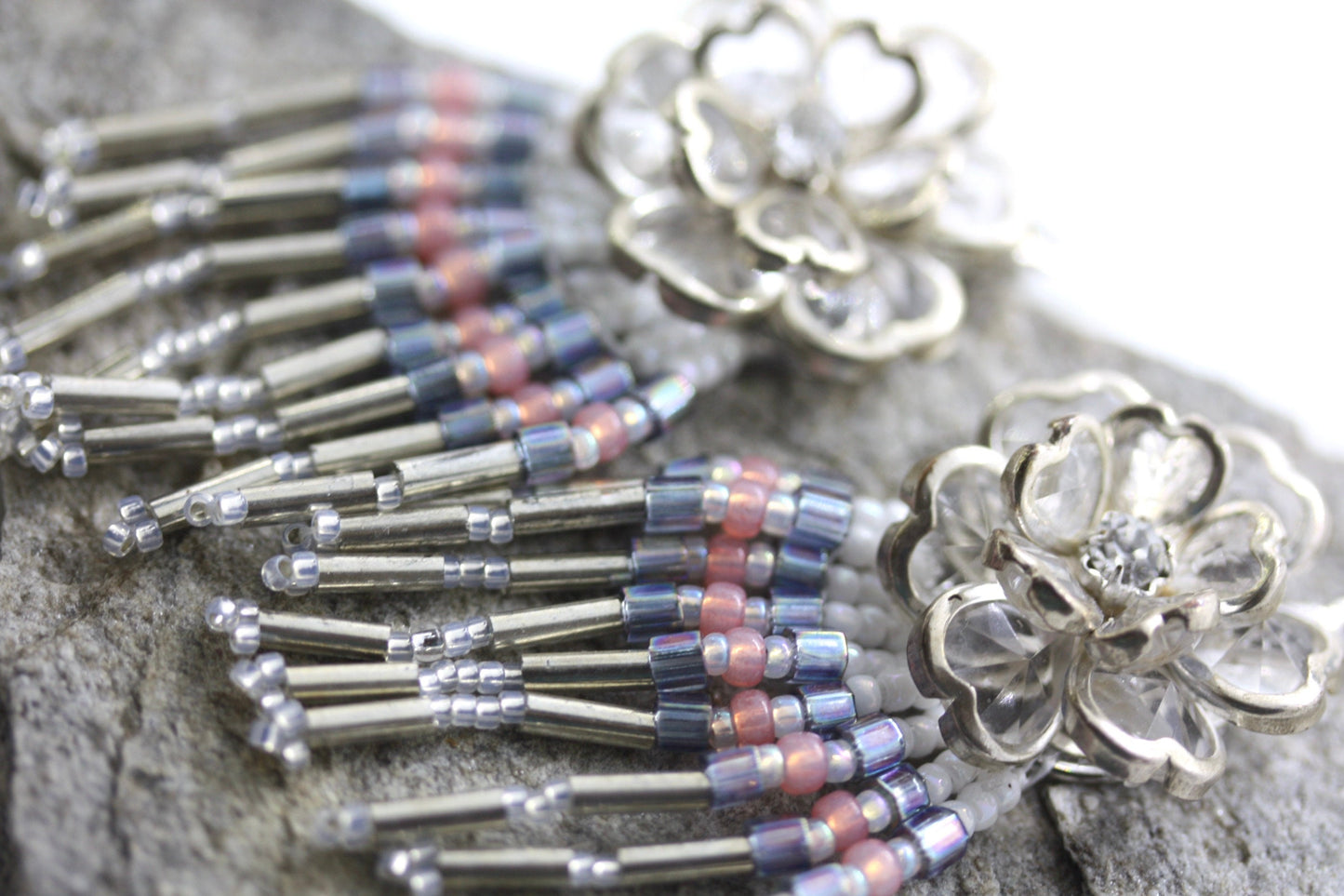 Hand beaded Native-American-Style stunning dangle beadwork earrings - with crystal flowers