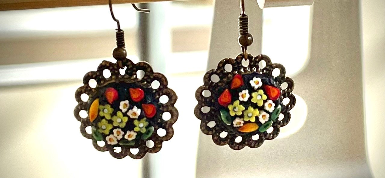 My own handmade Italian style round inlaid micro mosaic glass earrings - magical flower garden
