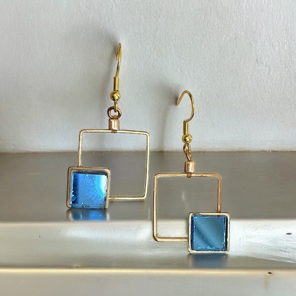 Unique geometric dangle earrings with blue mirrors