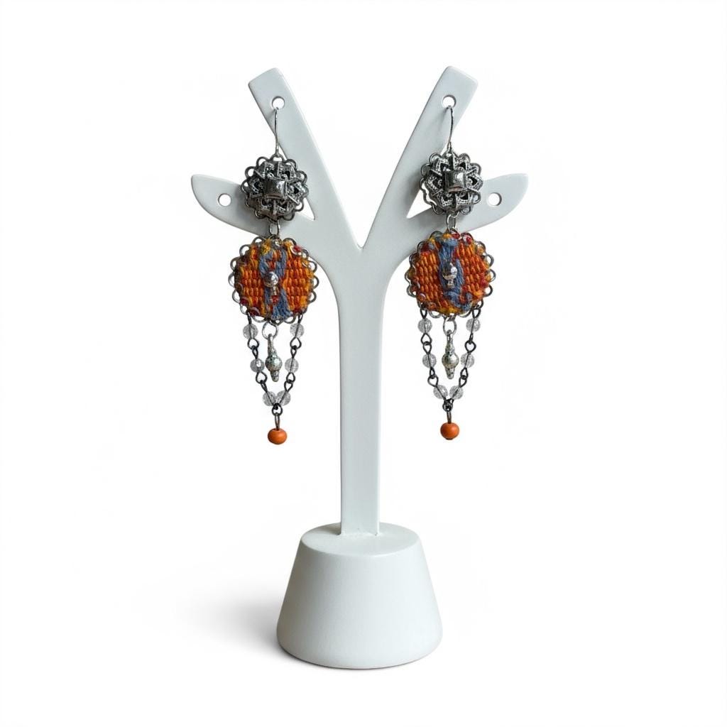 Orange and gray mixed media collage earrings with mixed metals, fabric, crystal and wood; Sterling silver ear wires