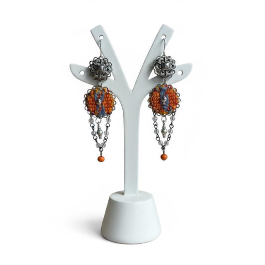 Orange and gray mixed media collage earrings with mixed metals, fabric, crystal and wood; Sterling silver ear wires
