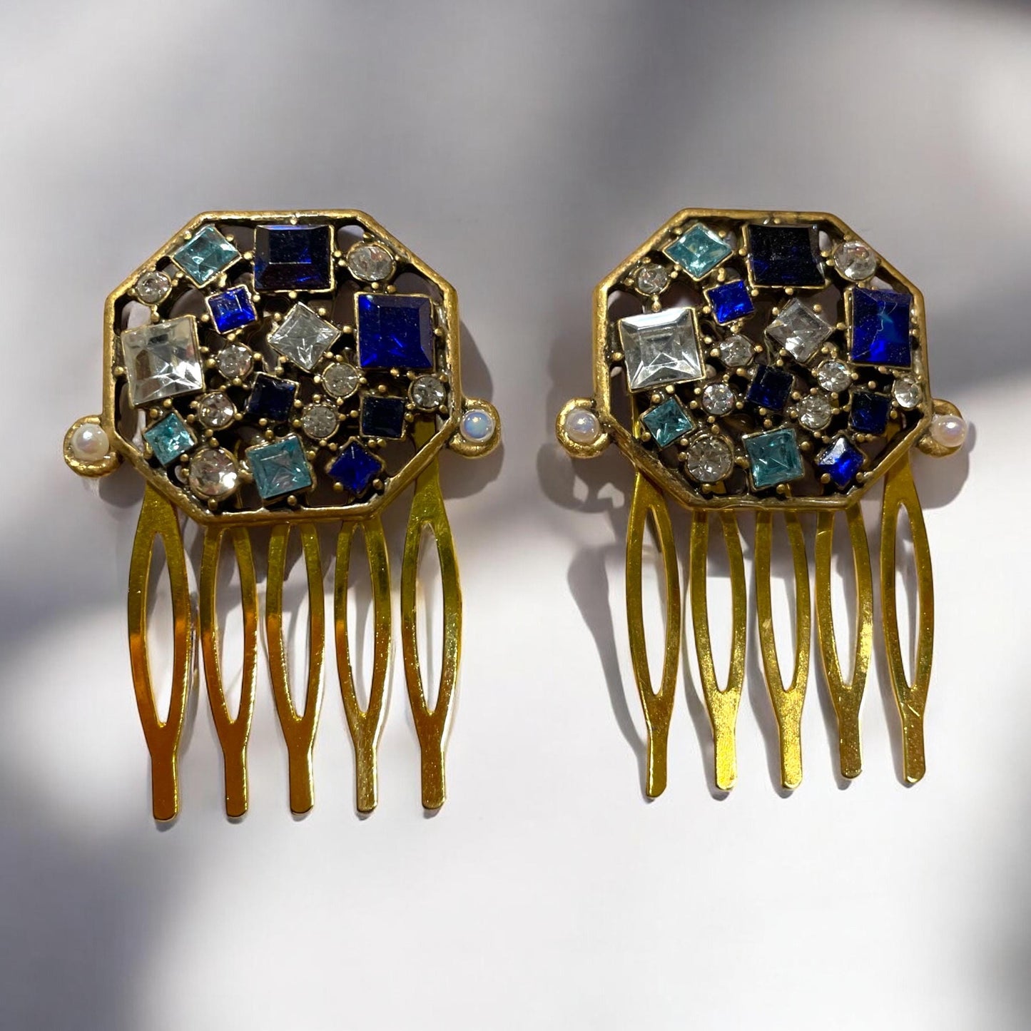 Pair of rhinestone embedded 1" hair clips - shades of blue and white, trimmed with tiny faux baby pearls