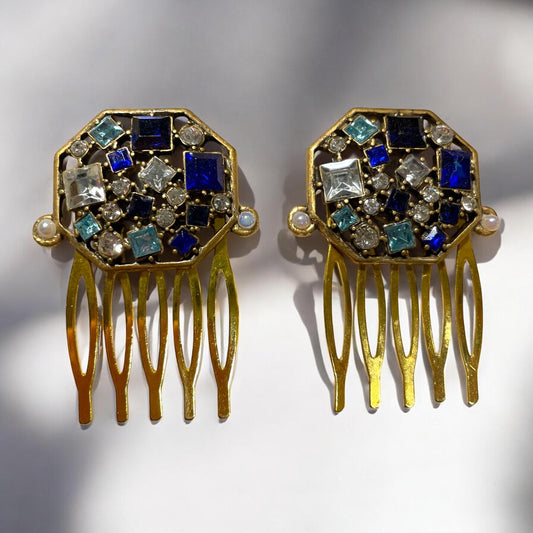 Pair of rhinestone embedded 1" hair clips - shades of blue and white, trimmed with tiny faux baby pearls