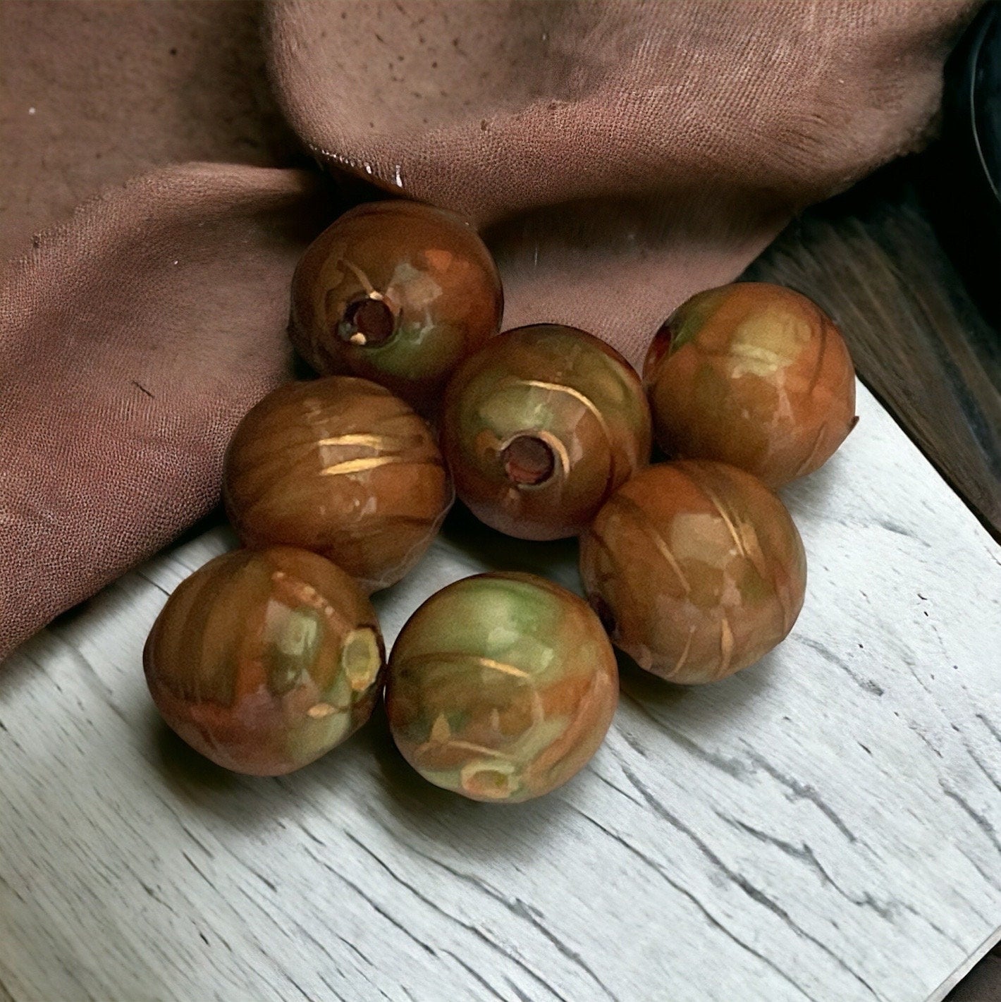 Unique orange, green and gold swirled 5 mm vintage beads - approx. 15 mm each
