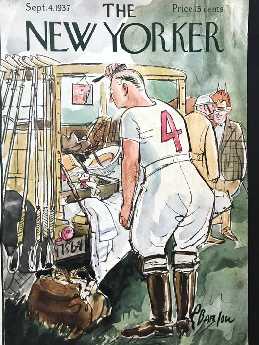 September 4, 1937 - The NEW YORKER Magazine vintage original cover by Barlow - baseball player, baseball, fisherman, sports