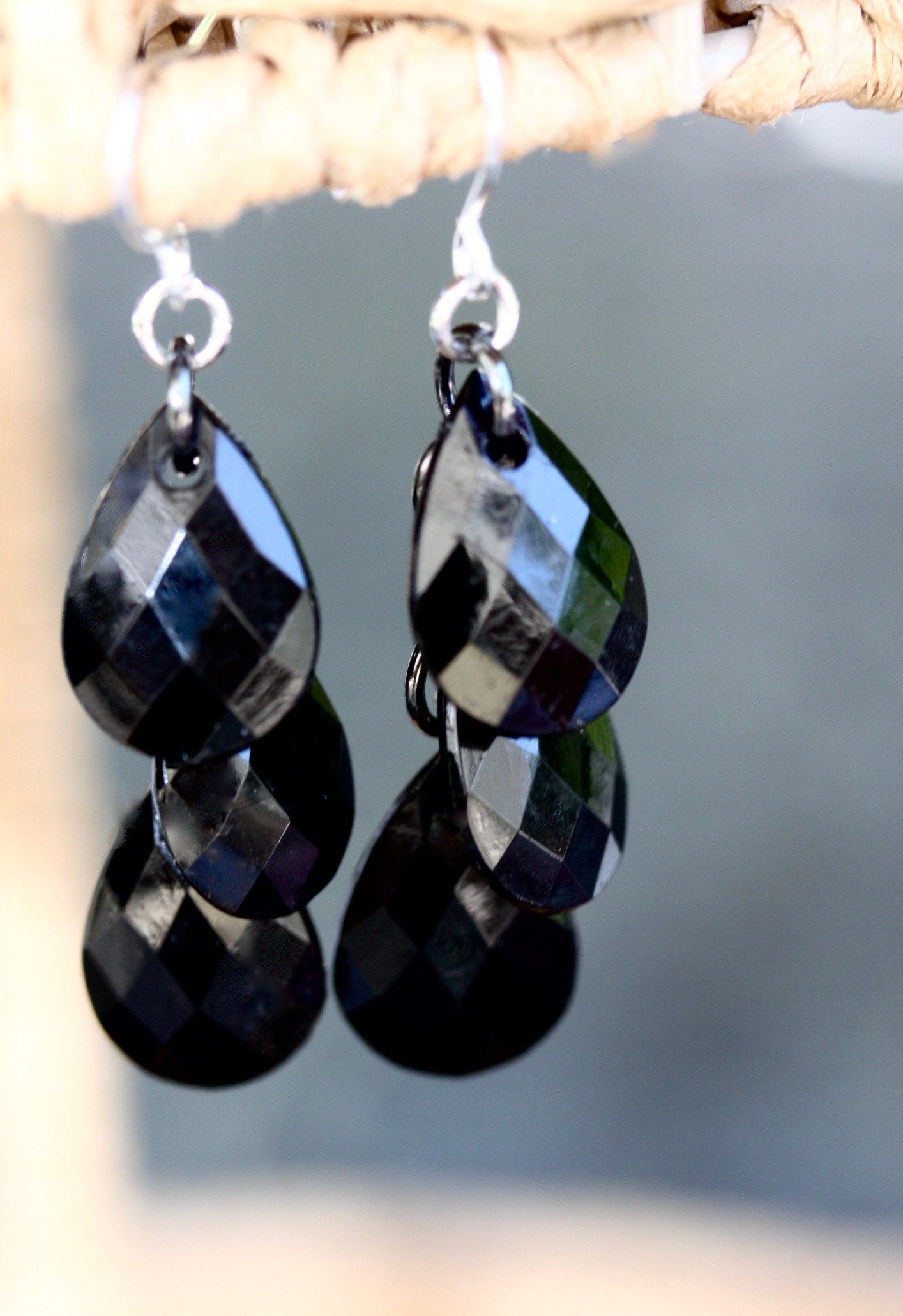 Black faceted teardrop dangle earrings - your choice: one drop, two drops or three drops