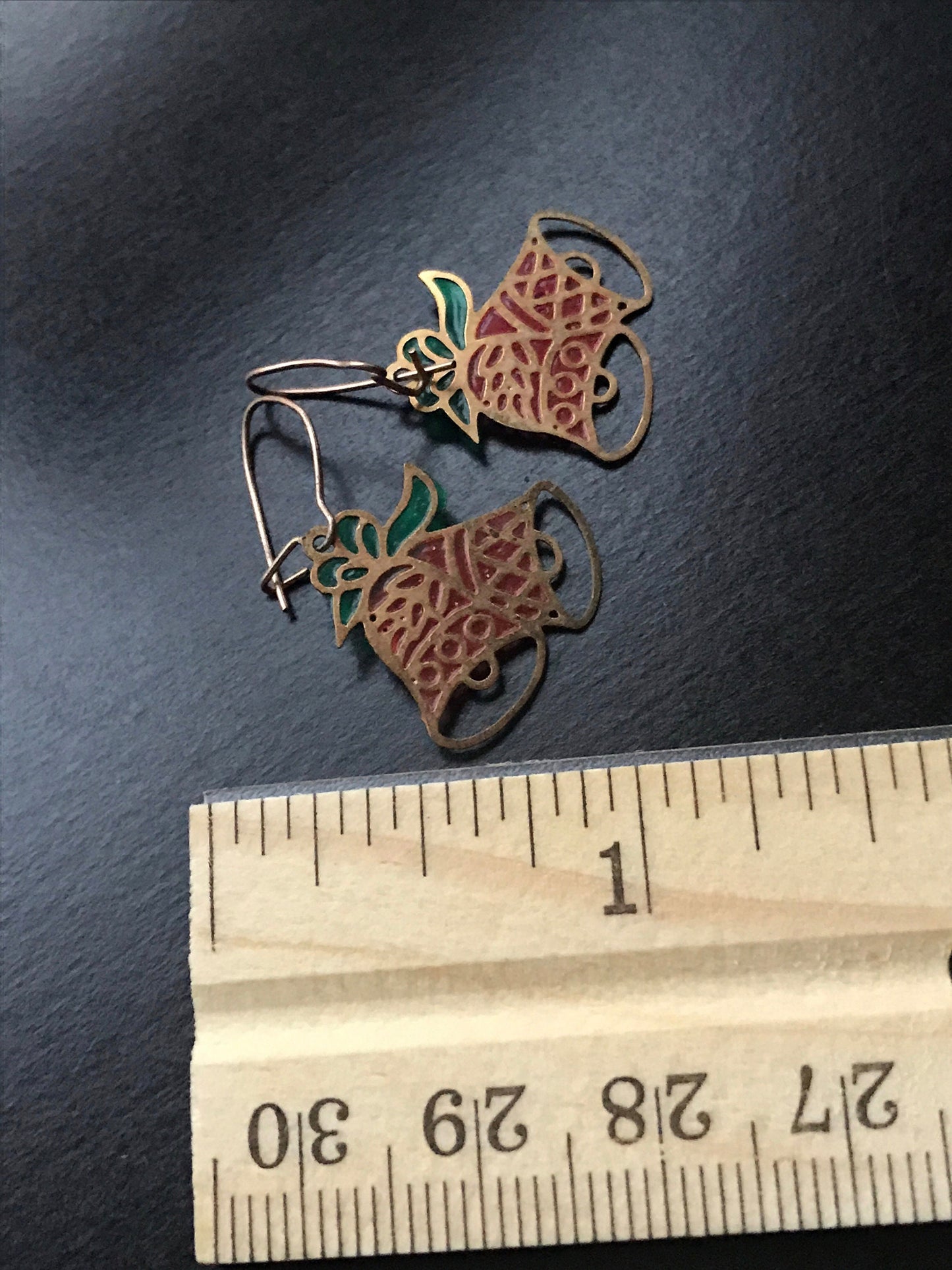 Unique vintage laser-cut metal jingle bell earrings - look like stained glass
