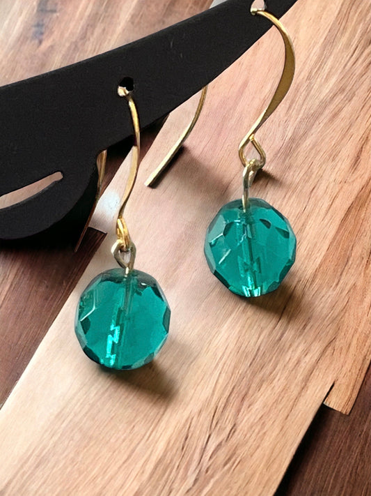 Minimalist turquoise glass crystal dangle earrings with sloped goldstone ear wires
