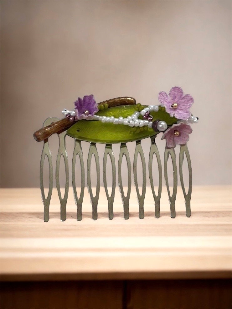 Mixed material hair comb - one-of-a-kind handmade beadwork with upcycled vintage fabric flowers, green "leaf" and branch