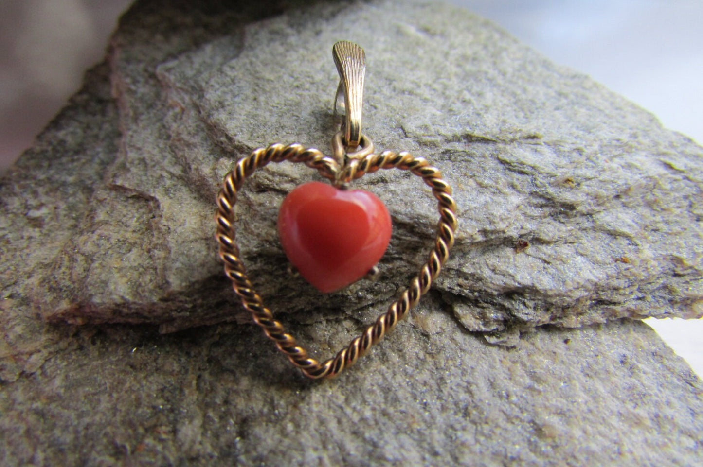 Small vintage heart shaped necklace pendant with orange stone