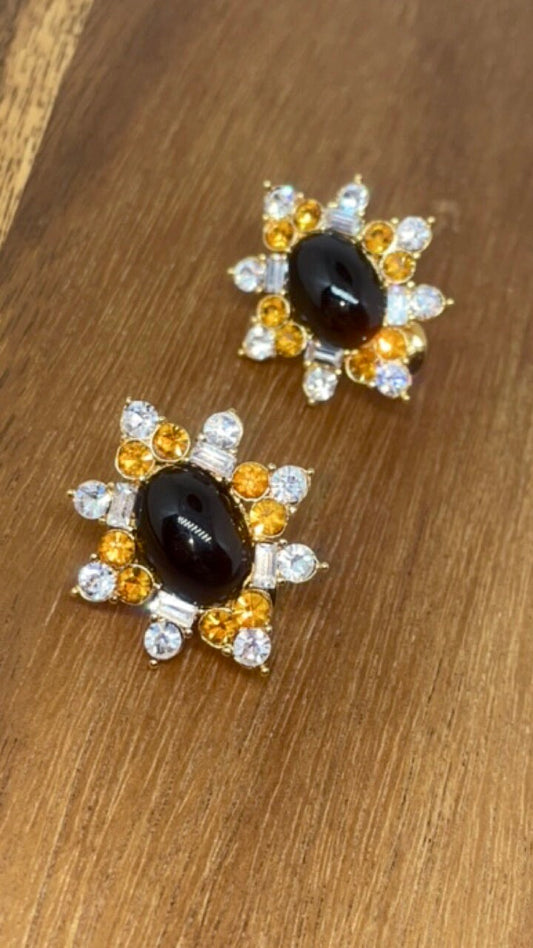 Vintage Runway Couture Black Enamel & Crystal 1980's rare signed Monet clip earrings