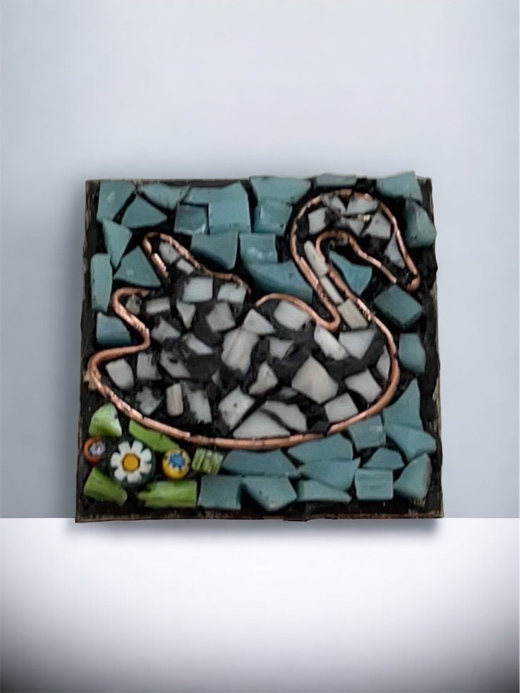 Handmade Mosaic Necklace - Swan in Water with Millefiori Glass