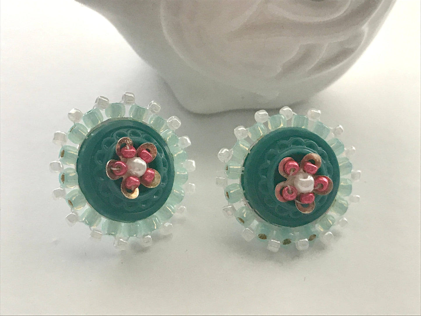 Intricately beaded vintage buttons handmade stud earrings - turquoise